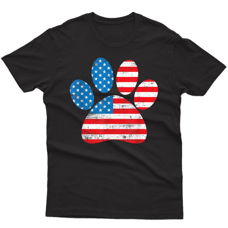America Flag T-shirt Dog Patriot 4th Of July Paw Print Flag