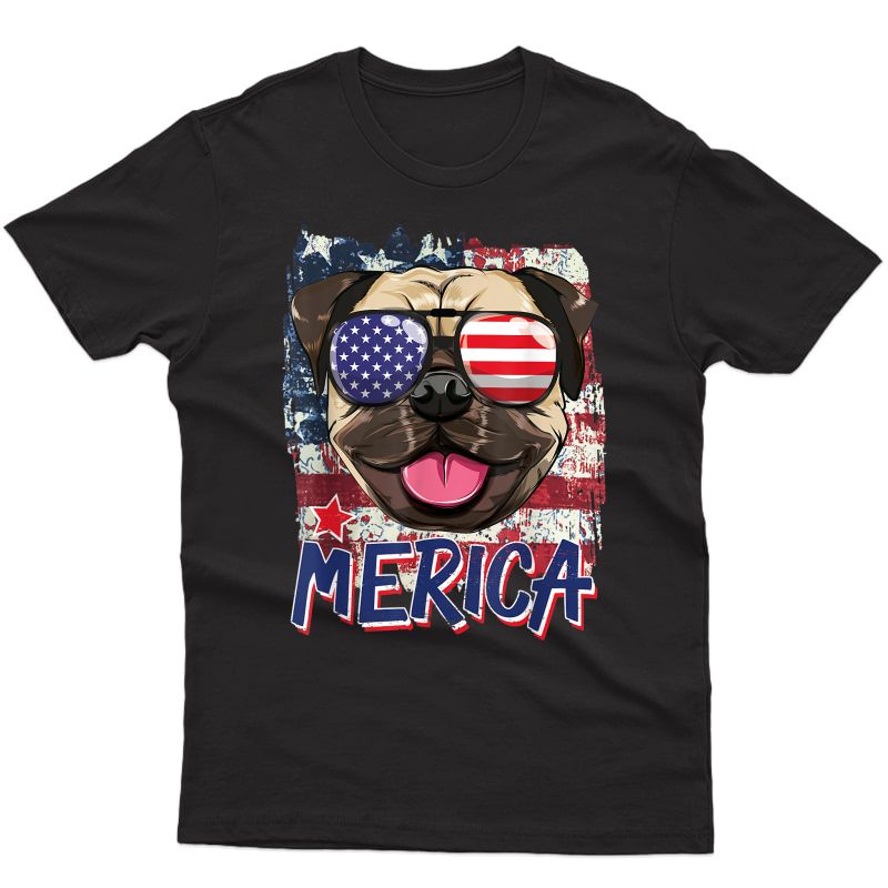 American Flag Pug Dog Merica American Sunglasses 4th Of July T-shirt