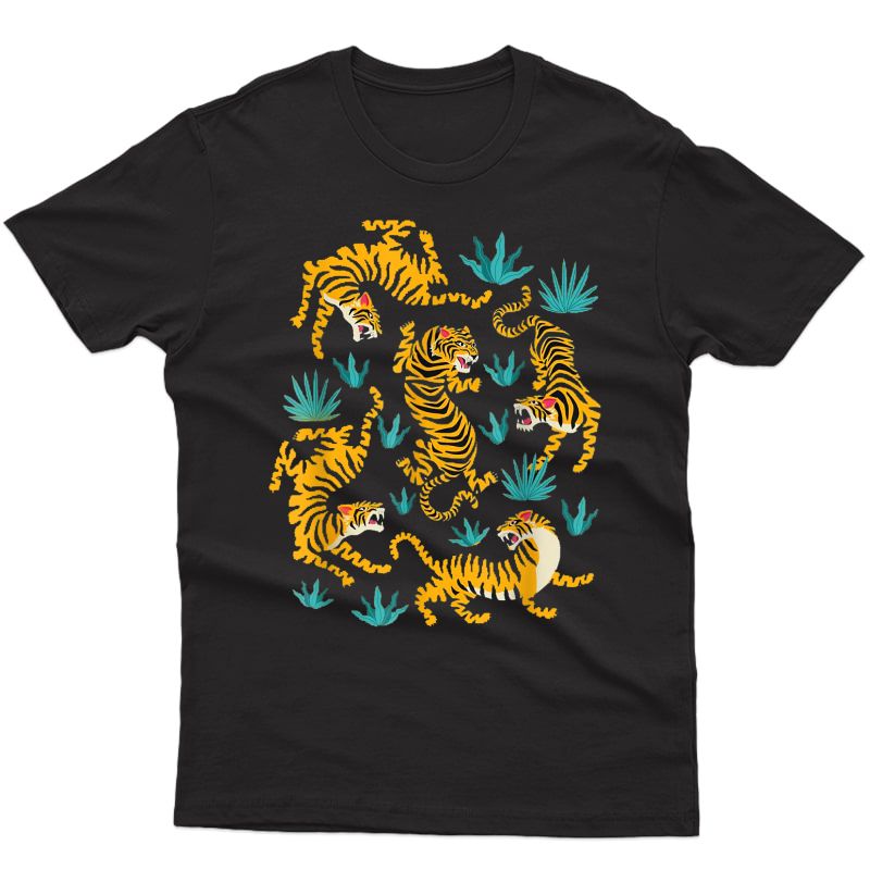 Dancing Tiger Forest Jungle Plants Graphic Roaring Cat Gift T-shirt