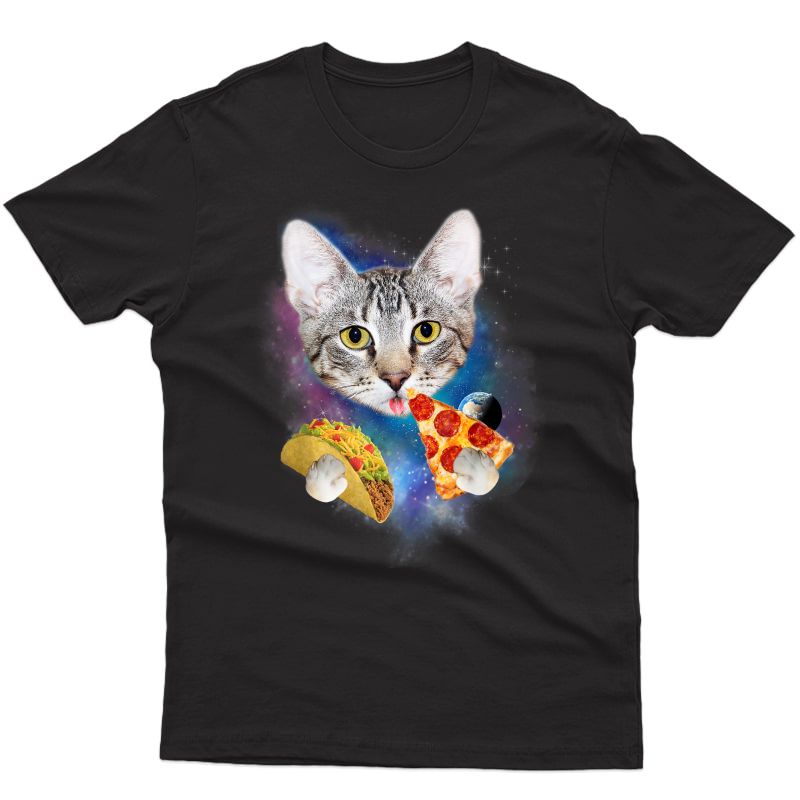 Funny Galaxy Cat Shirt | Space Cat Eat Pizza And Taco Shirt