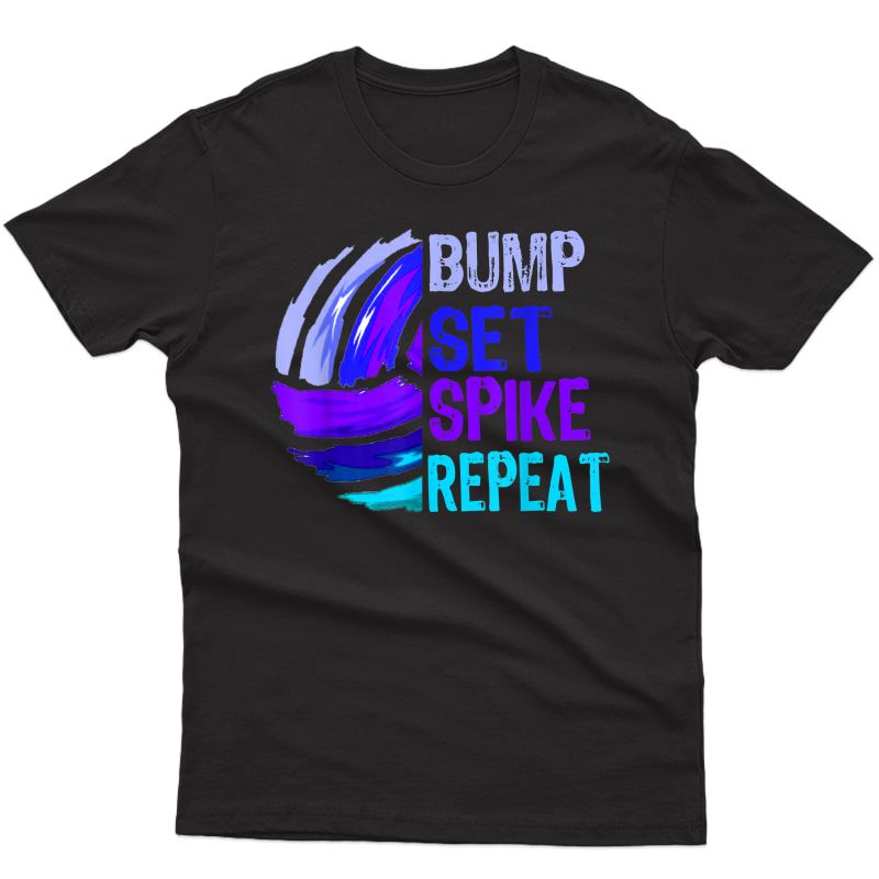 Girls Volleyball Bump Set Spike Repeat Blue Purple Teen Gift T-shirt