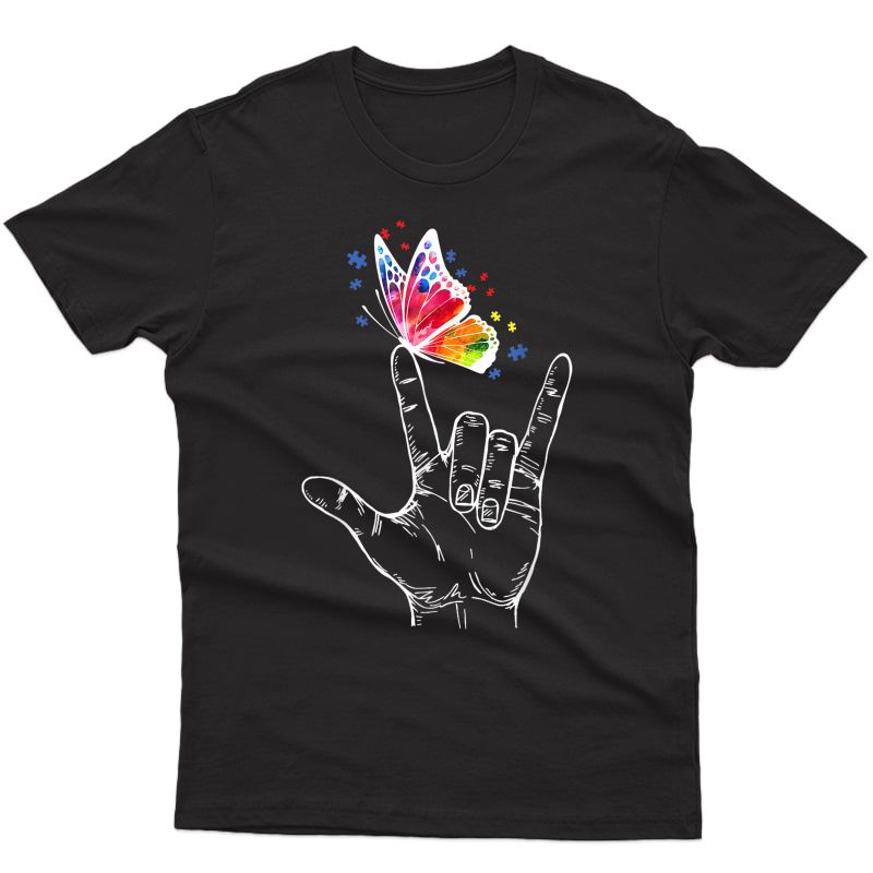 I Love You Hand Sign Language Butterfly Autism Awareness T-shirt