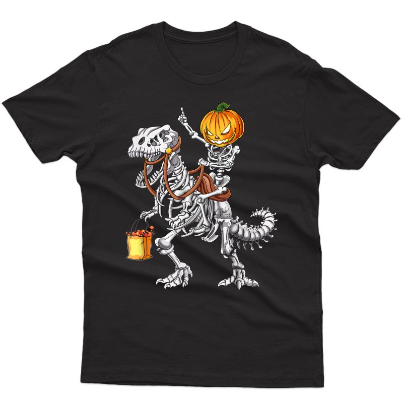 Skeleton Pumpkin Riding Dinosaur Halloween Costume T-rex T-shirt