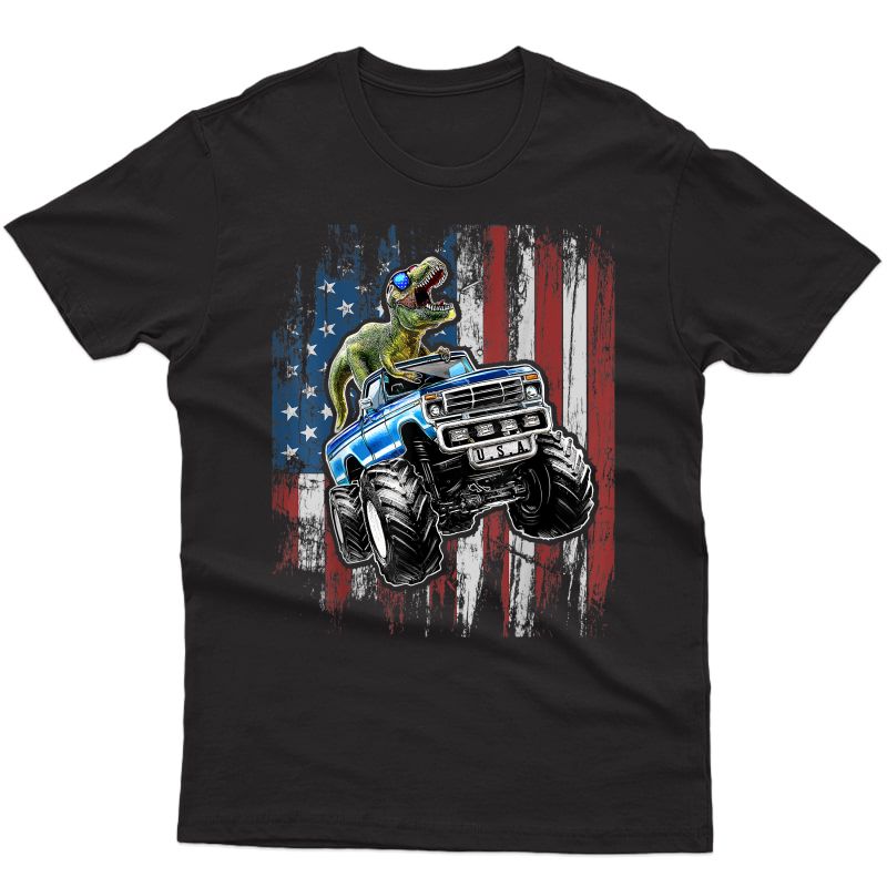 T Rex Dinosaur Monster Truck 4th Of July American Flag T-shirt