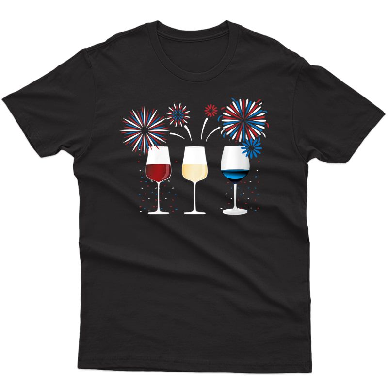  Funny Wine Glass T-shirt Red And Blue Firework Shirt T-shirt